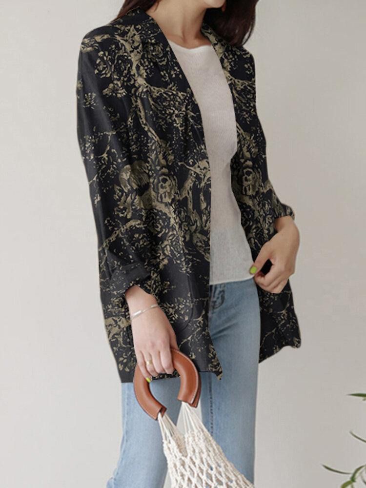 Kvinner Løs Lapel Full Sleeve Floral Casual Sidelommer Coat