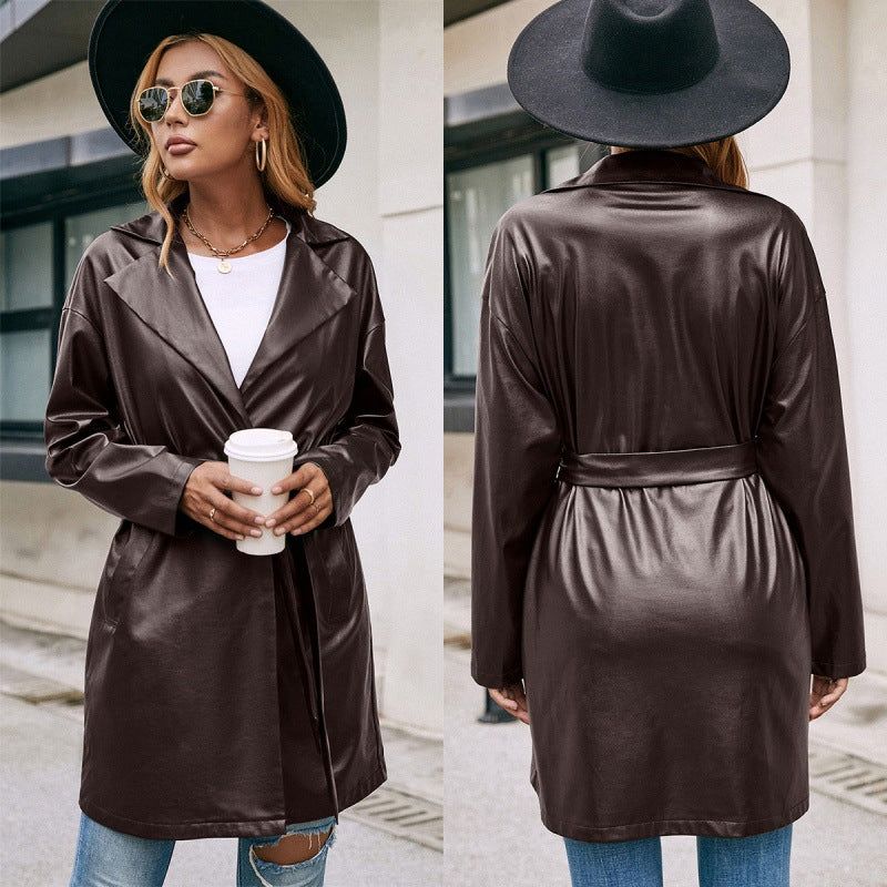 Mellomlang Lær Western-Blonde Slim Langermet Trench Coat