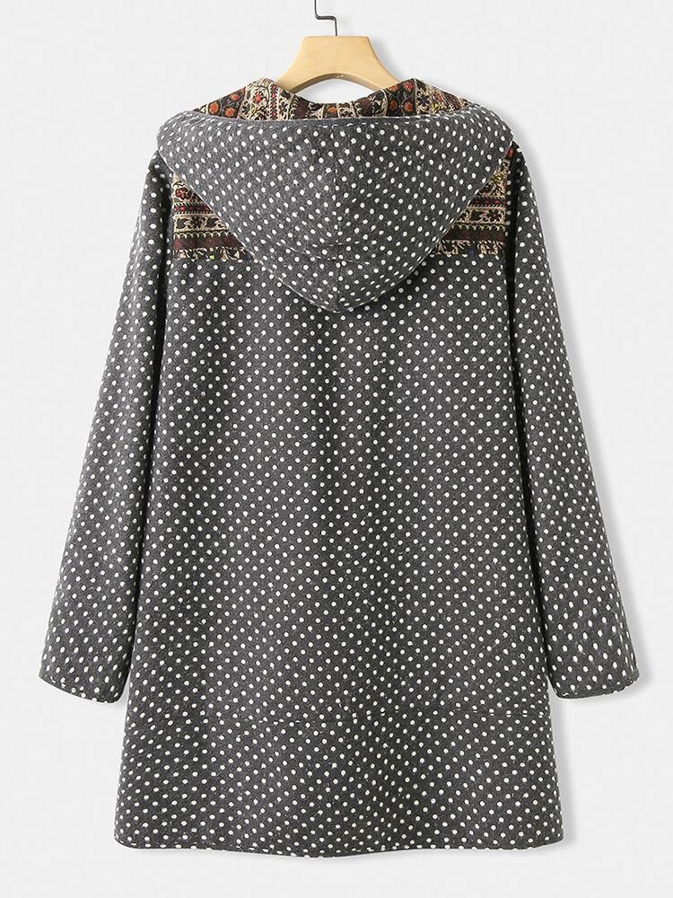 Polka Dot Langermet Hette Patchwork Fleece Side Pocket Coats For Dame