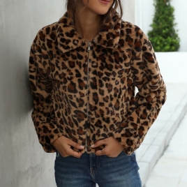 Vintage Leopard Print Lapel Glidelås Slim Fit Faux Fur Cotton Jacket