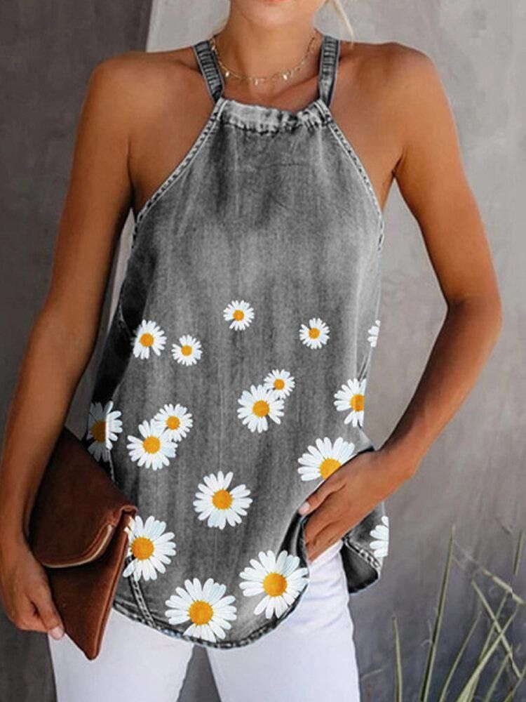 Daisy Floral Print Halter Dame Casual Denim Tank Tops