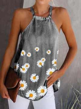 Daisy Floral Print Halter Dame Casual Denim Tank Tops