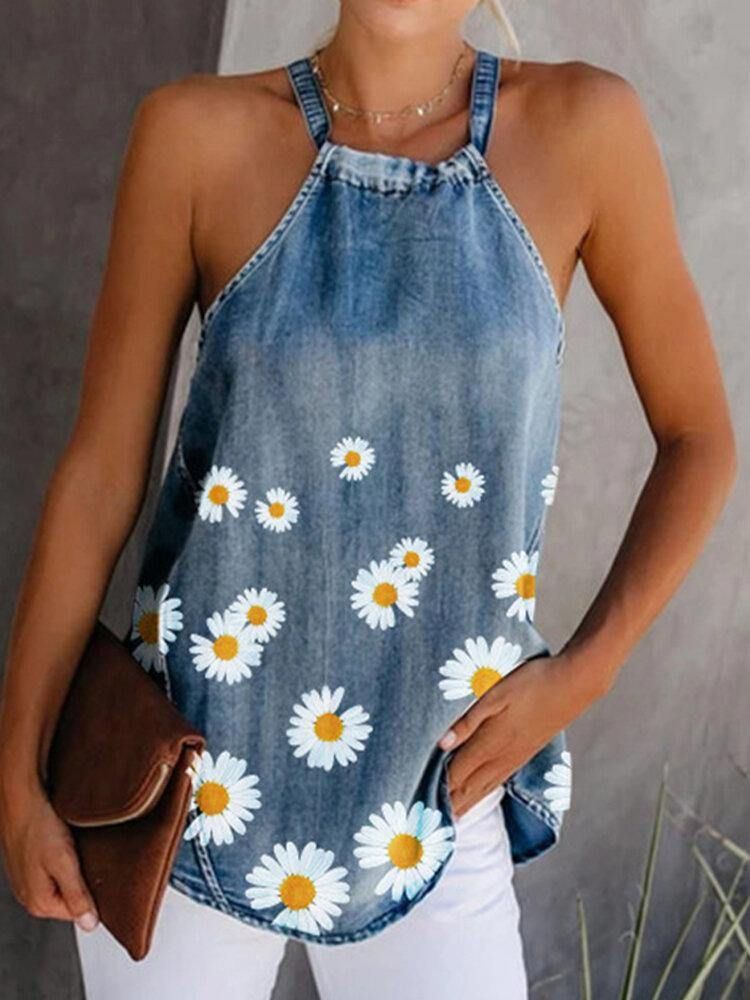 Daisy Floral Print Halter Dame Casual Denim Tank Tops