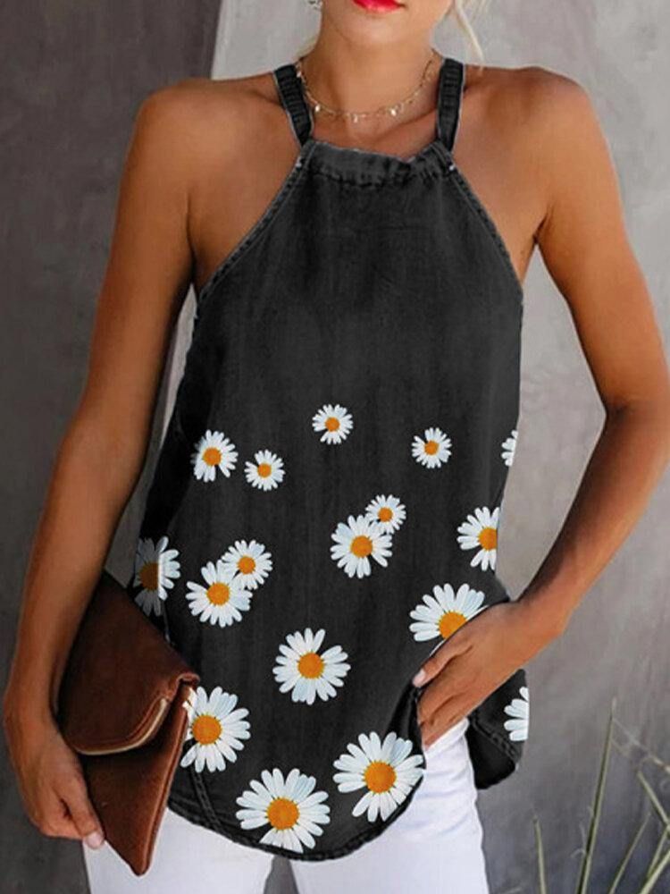 Daisy Floral Print Halter Dame Casual Denim Tank Tops