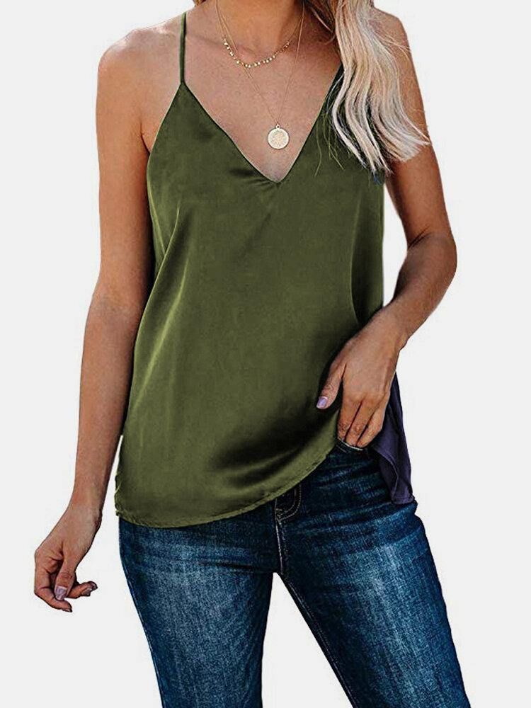 Ensfarget V-Hals Ermeløse Stropper Silke Tank Tops