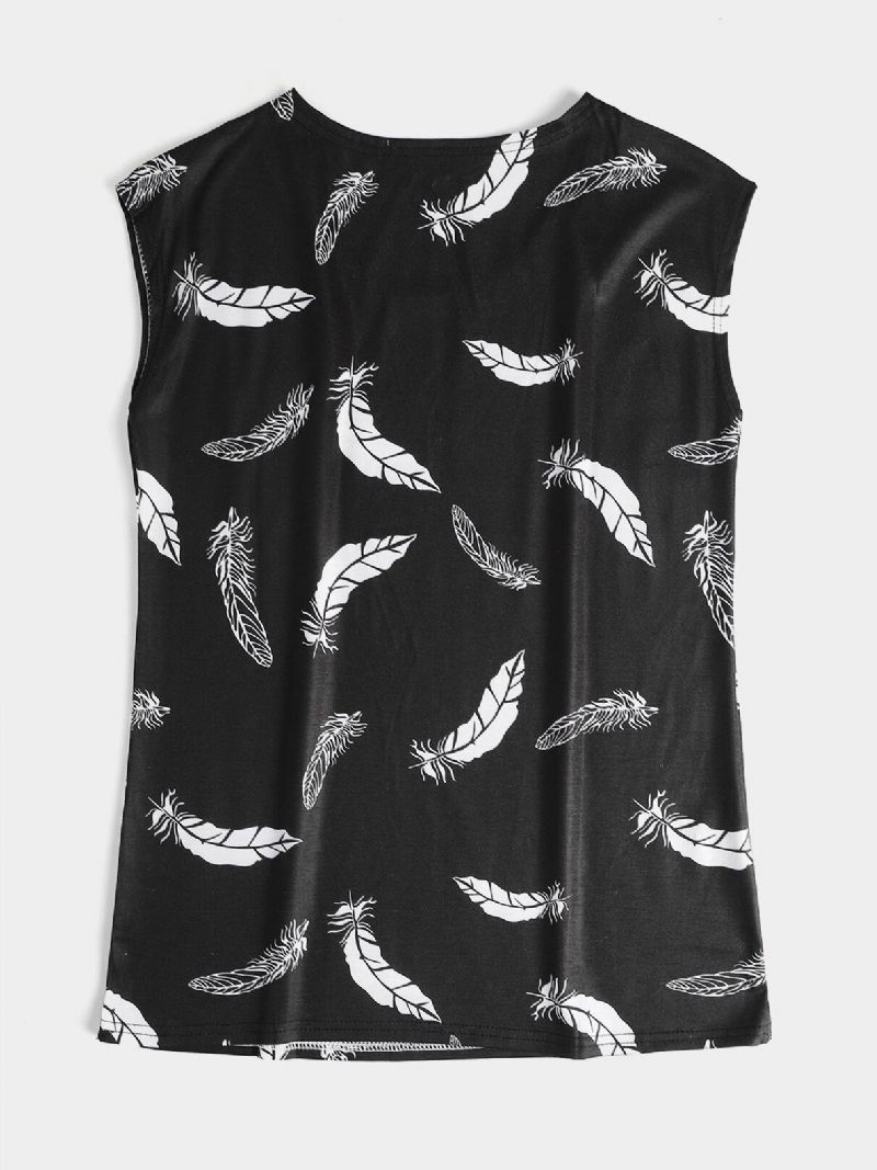 Fjær Print Rundhals Ermeløs Løs Kvinner Casual Tank Top