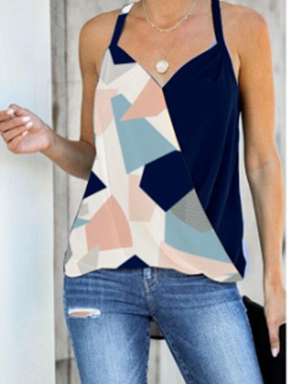 Geometrisk Print Halter V-Hals Ermeløs Casual Cami