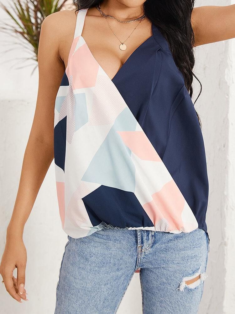 Geometrisk Print Halter V-Hals Ermeløs Casual Cami