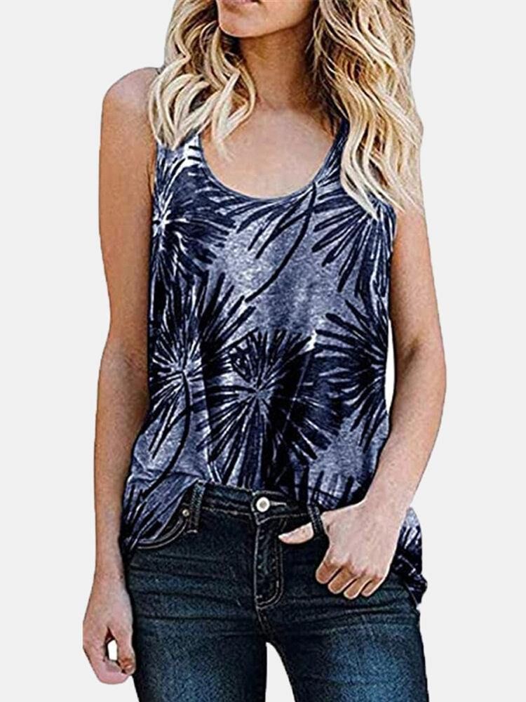 Kvinner Plant Print Ermeløs Rundhals Holiday Casual Tank Top