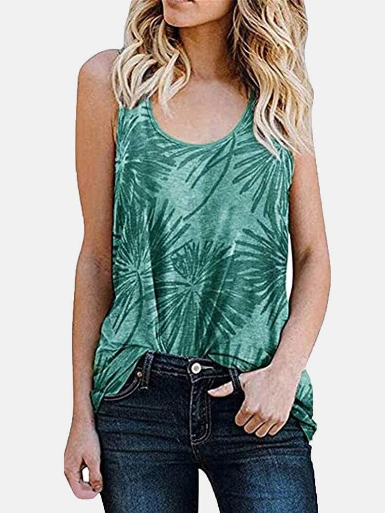 Kvinner Plant Print Ermeløs Rundhals Holiday Casual Tank Top