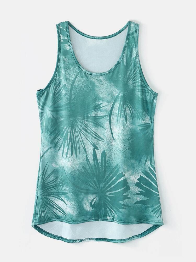 Kvinner Plant Print Ermeløs Rundhals Holiday Casual Tank Top