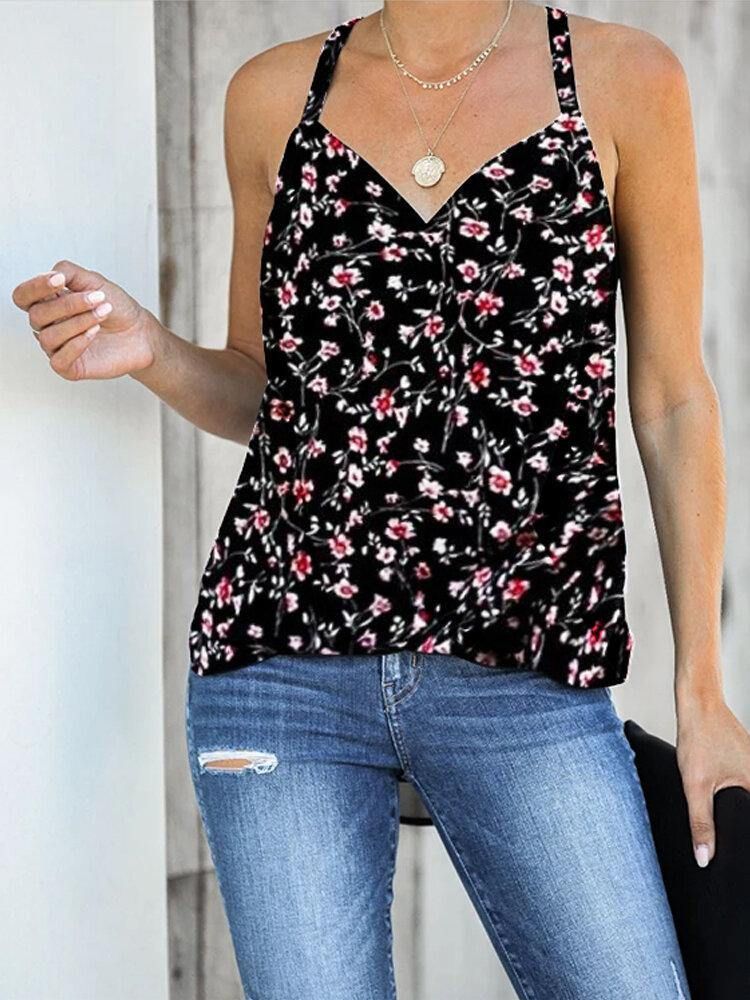 Sort Floral Print Halter V-Hals Ermeløs Tank Top