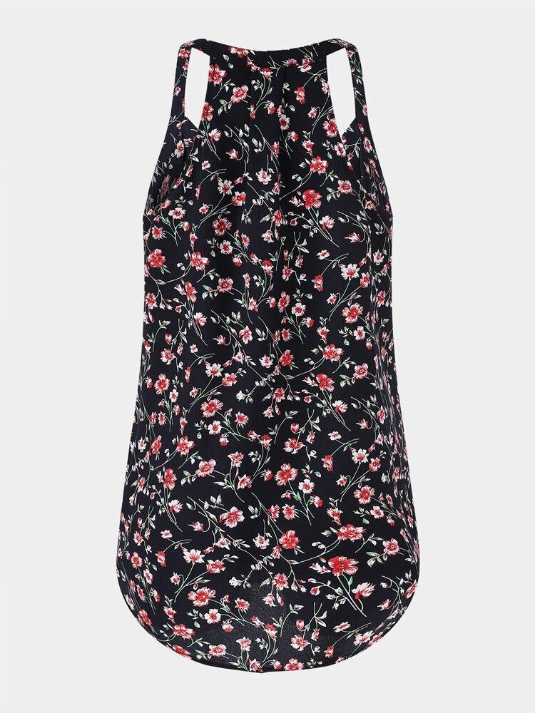 Sort Floral Print Halter V-Hals Ermeløs Tank Top