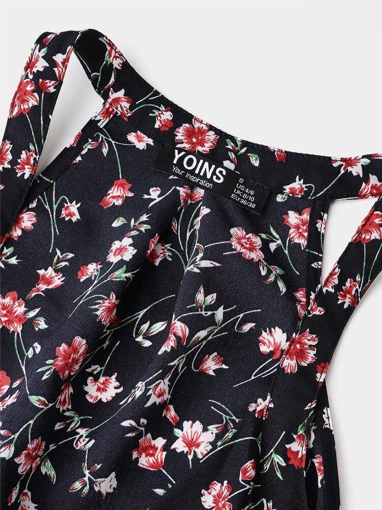 Sort Floral Print Halter V-Hals Ermeløs Tank Top