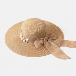 Dame Halm Ensfarge Elegant Big Rim Pearl Bowknot Bølget Kant Visir Solhatt Strandhatt Bøttehatt