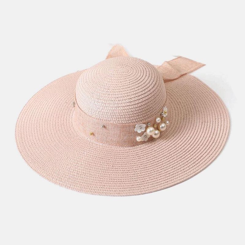 Dame Halm Ensfarge Elegant Big Rim Pearl Bowknot Bølget Kant Visir Solhatt Strandhatt Bøttehatt