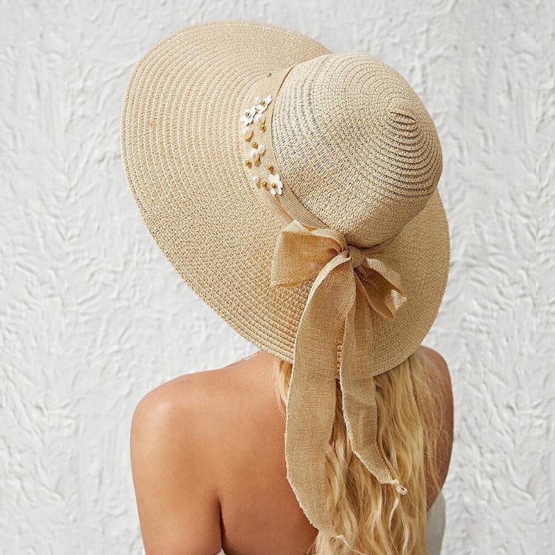 Dame Halm Ensfarge Elegant Big Rim Pearl Bowknot Bølget Kant Visir Solhatt Strandhatt Bøttehatt