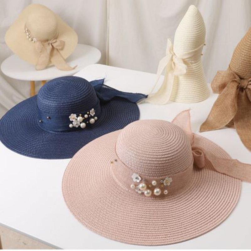 Dame Halm Ensfarge Elegant Big Rim Pearl Bowknot Bølget Kant Visir Solhatt Strandhatt Bøttehatt