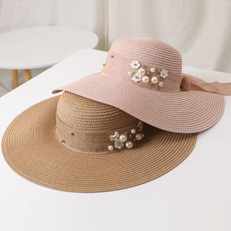 Dame Halm Ensfarge Elegant Big Rim Pearl Bowknot Bølget Kant Visir Solhatt Strandhatt Bøttehatt