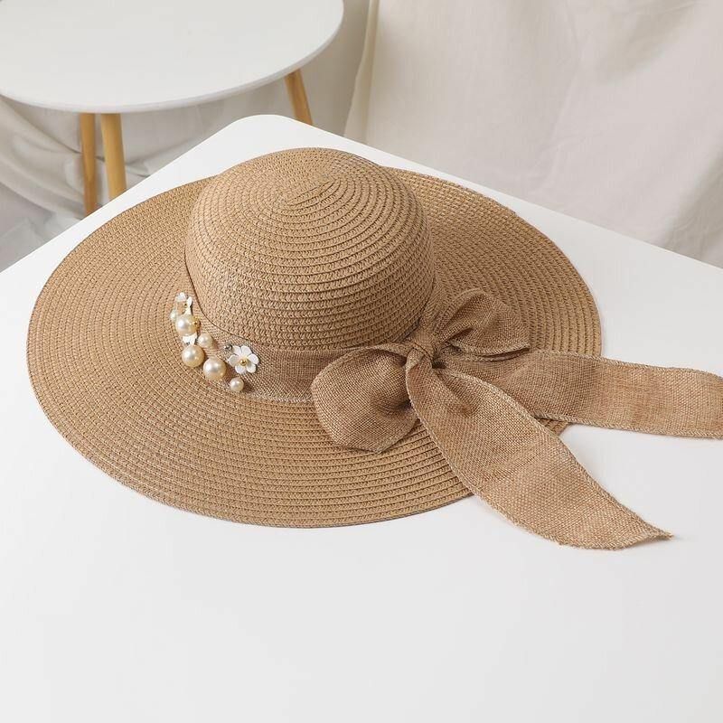 Dame Halm Ensfarge Elegant Big Rim Pearl Bowknot Bølget Kant Visir Solhatt Strandhatt Bøttehatt