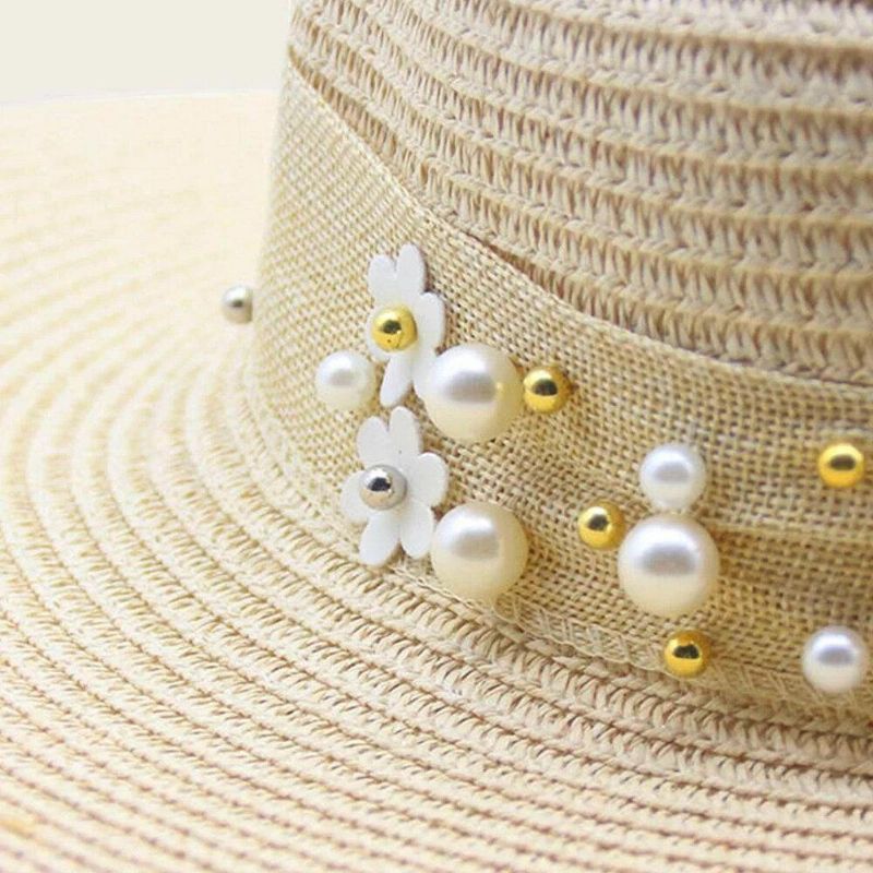 Dame Halm Ensfarge Elegant Big Rim Pearl Bowknot Bølget Kant Visir Solhatt Strandhatt Bøttehatt