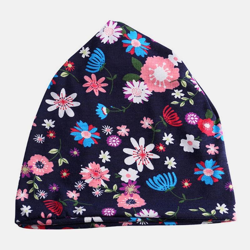 Kvinner Bomullsfarget Blomsterutskriftsmønster Uformell Utendørs Dobbel Bruks Nakkebeskyttelse Brimless Beanie