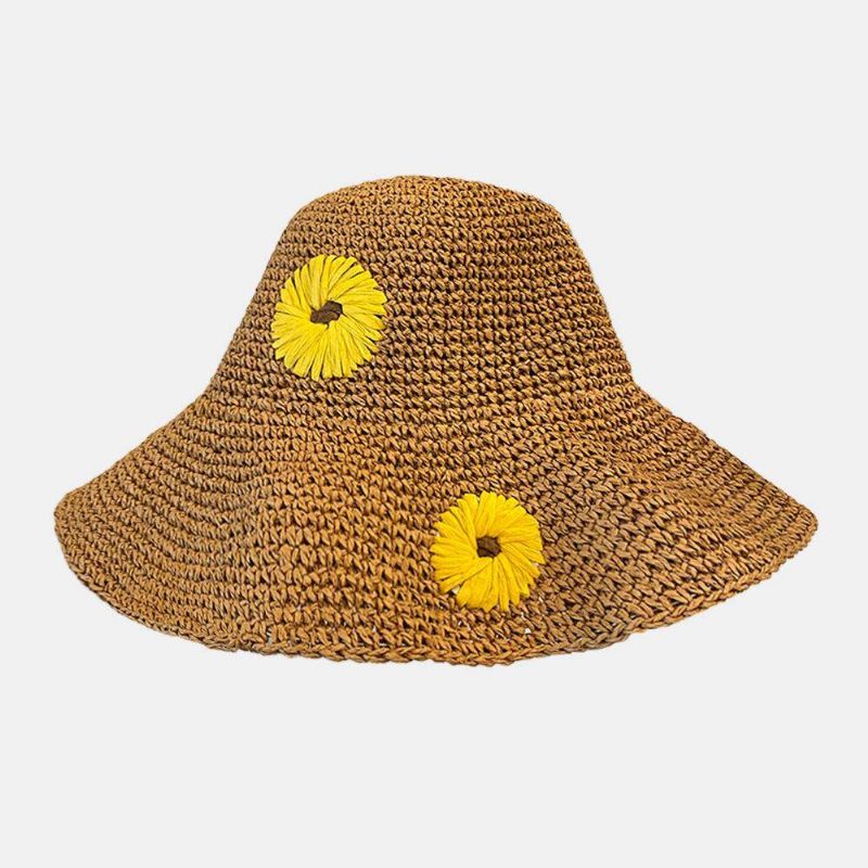 Kvinner Halm Blomster Ensfarge Elegant Solsikke Stor Brem Visir Solbeskyttelse Hat Beach Hat Bøtte Hat