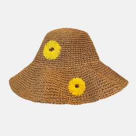 Kvinner Halm Blomster Ensfarge Elegant Solsikke Stor Brem Visir Solbeskyttelse Hat Beach Hat Bøtte Hat
