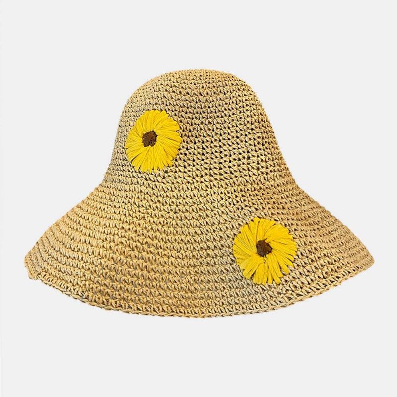 Kvinner Halm Blomster Ensfarge Elegant Solsikke Stor Brem Visir Solbeskyttelse Hat Beach Hat Bøtte Hat