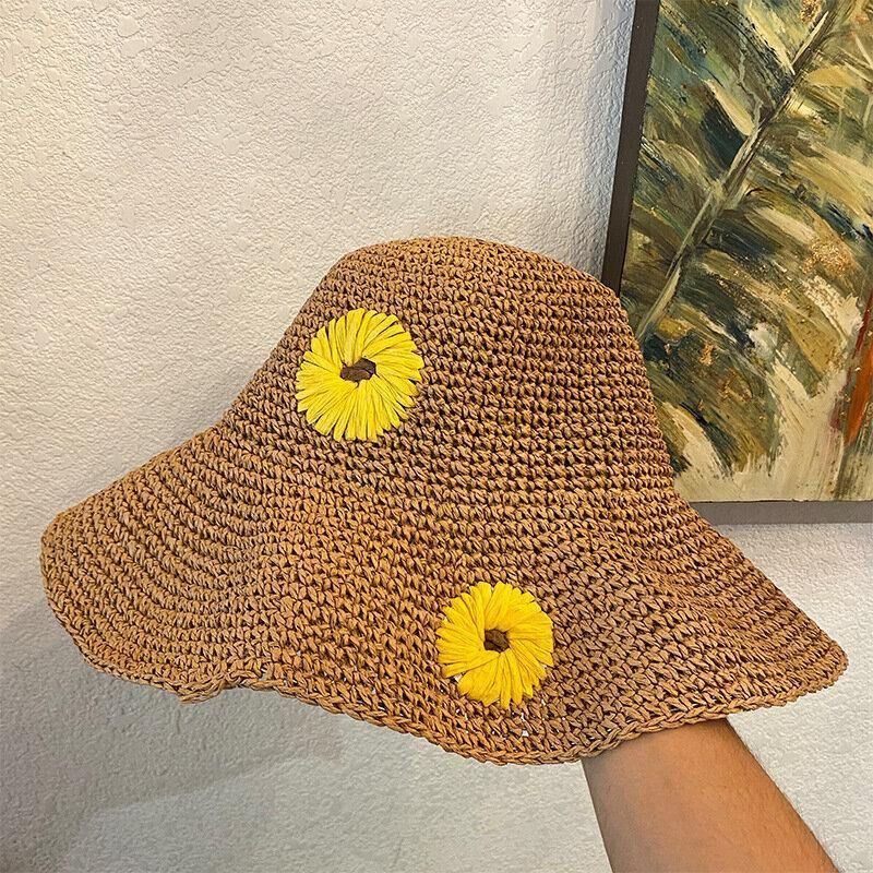 Kvinner Halm Blomster Ensfarge Elegant Solsikke Stor Brem Visir Solbeskyttelse Hat Beach Hat Bøtte Hat