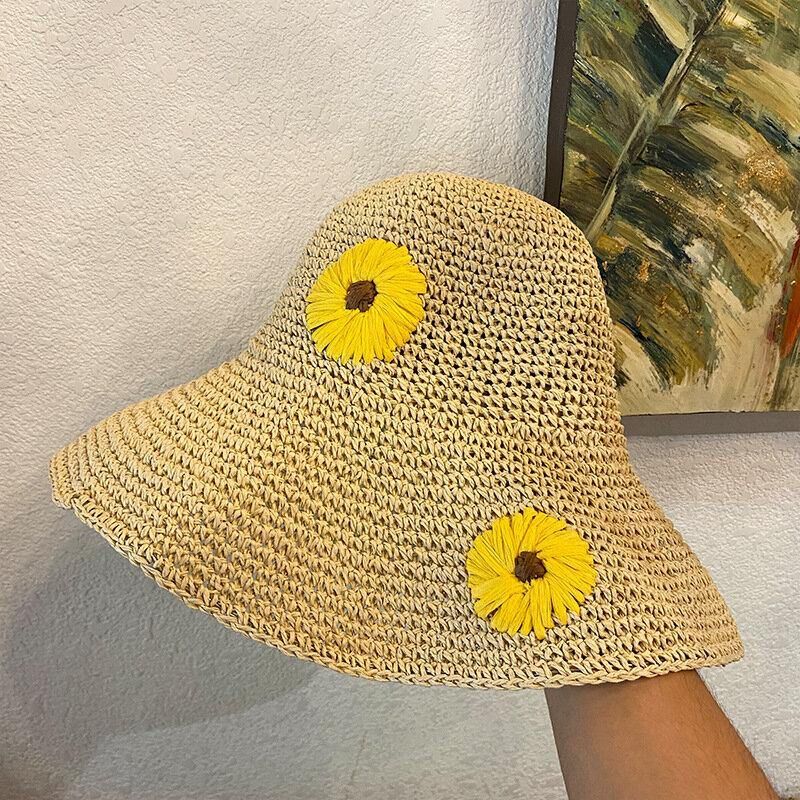 Kvinner Halm Blomster Ensfarge Elegant Solsikke Stor Brem Visir Solbeskyttelse Hat Beach Hat Bøtte Hat