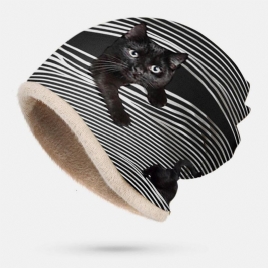 Kvinner Pluss Velvet Thick 3D Cat Stripes Print Myk Personlighet Pustende Turban Cap Beanie