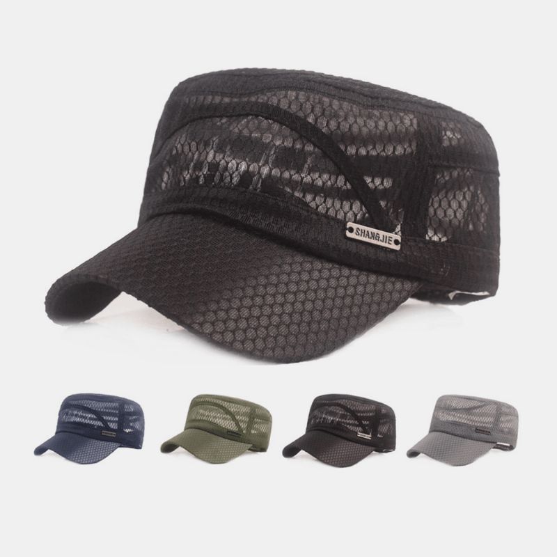 Menn Justerbar Mesh Pustende Solid Farge Militær Cap Flat Cap Med Letter Metal Label