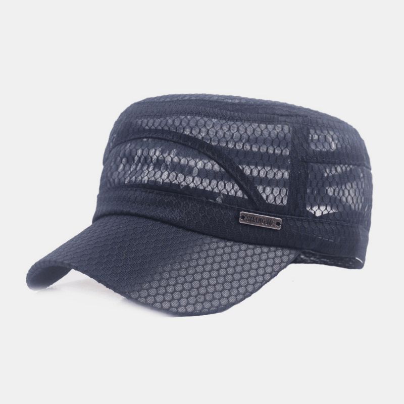 Menn Justerbar Mesh Pustende Solid Farge Militær Cap Flat Cap Med Letter Metal Label