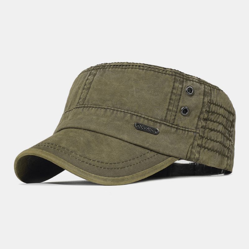 Menn Vasket Bomull Peaked Cap Bokstaver Metal Label Militær Cap Flat Cap