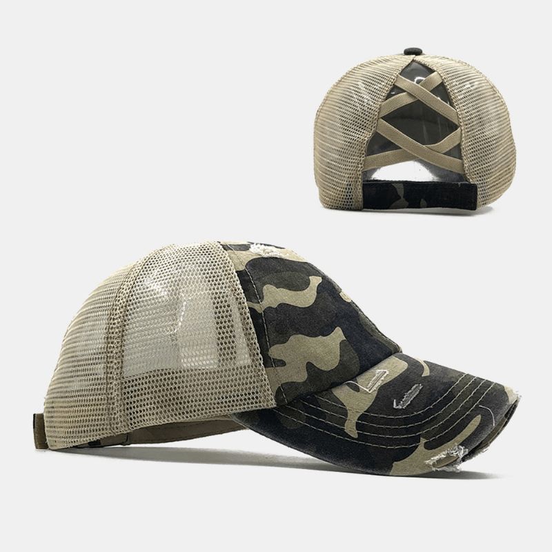 Unisex Camouflage Stretch Fit Cap Mesh Pustende Trucker Hat Cross Hestehale Baseball Cap