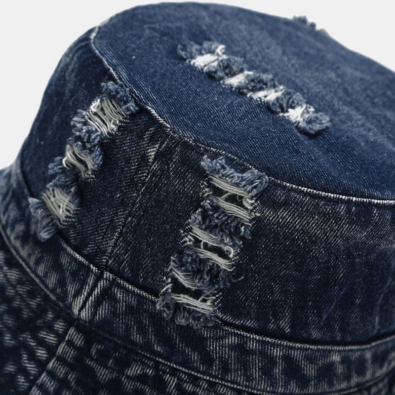 Unisex Denim Ødelagte Hull Laget Gammeldags Utendørs Solskjerming Bøttehatt