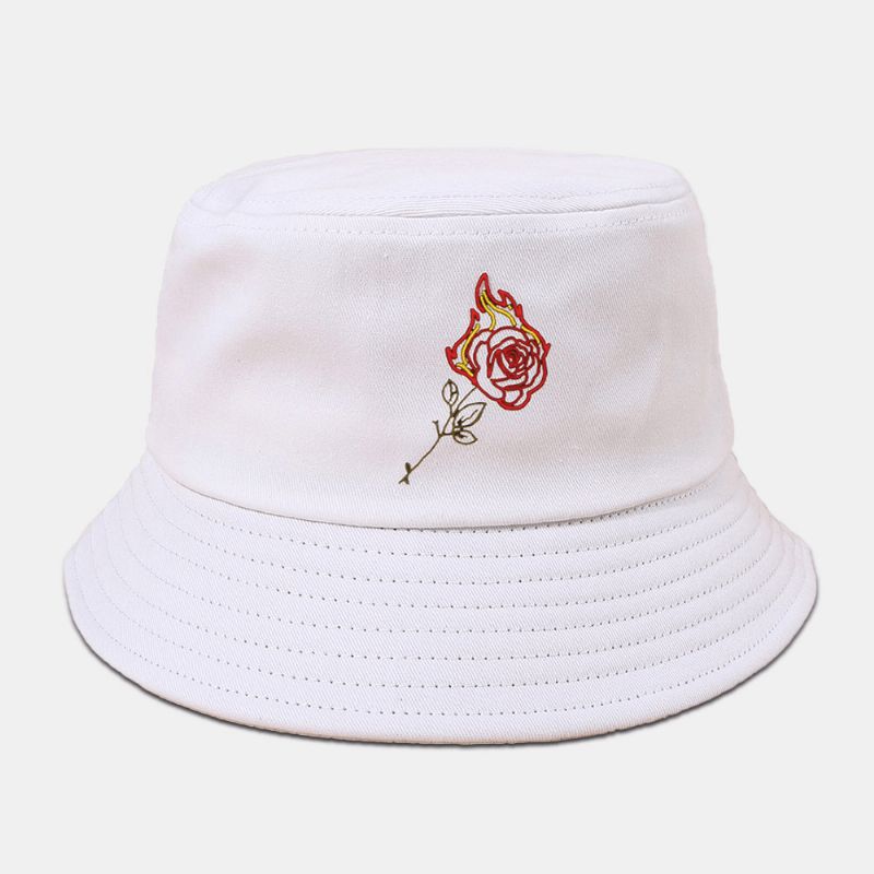 Unisex Flame Rose Broderi Solhatt Bomull Enkel Solkrem Bøttehatt