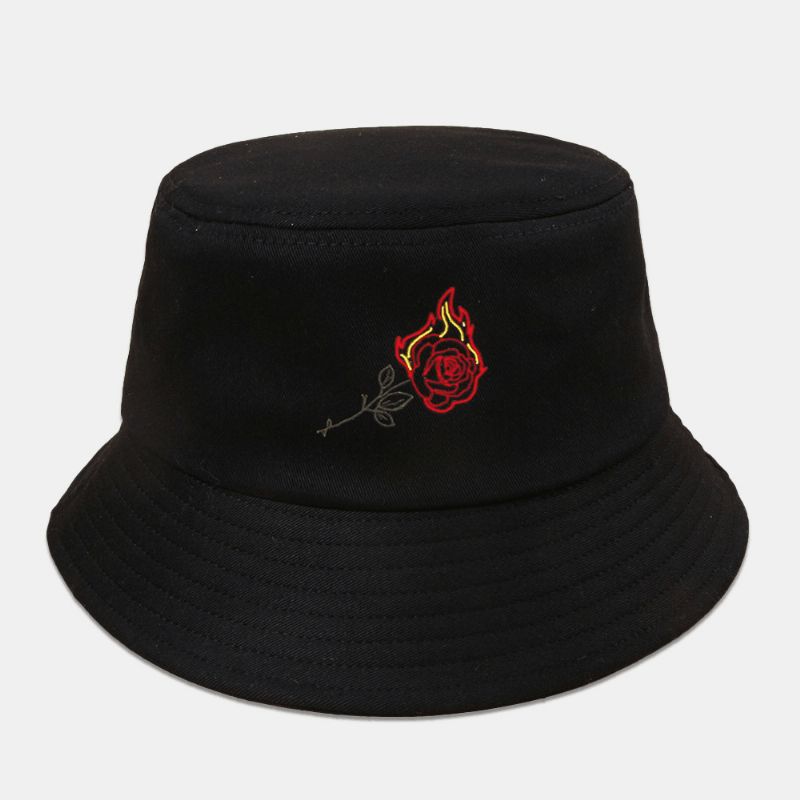 Unisex Flame Rose Broderi Solhatt Bomull Enkel Solkrem Bøttehatt