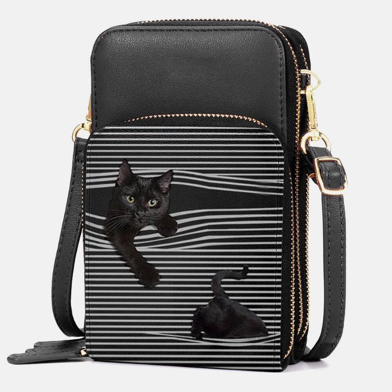 Dame Imitert Skinn Uformell Søt Svart Katt Og Stripemønster Justerbar Skulderveske Crossbody-Veske