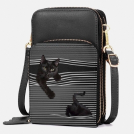 Dame Imitert Skinn Uformell Søt Svart Katt Og Stripemønster Justerbar Skulderveske Crossbody-Veske