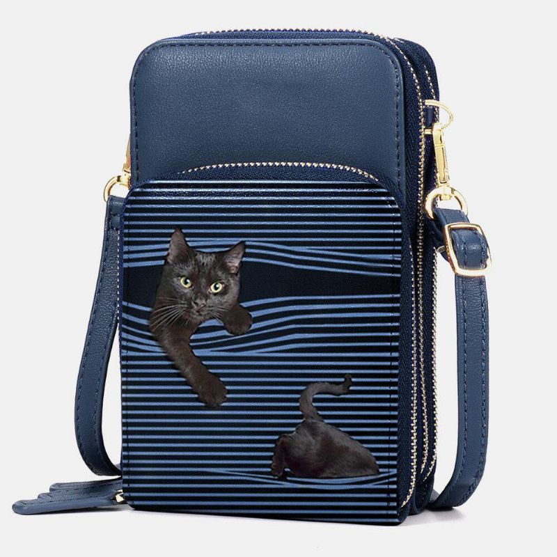 Dame Imitert Skinn Uformell Søt Svart Katt Og Stripemønster Justerbar Skulderveske Crossbody-Veske