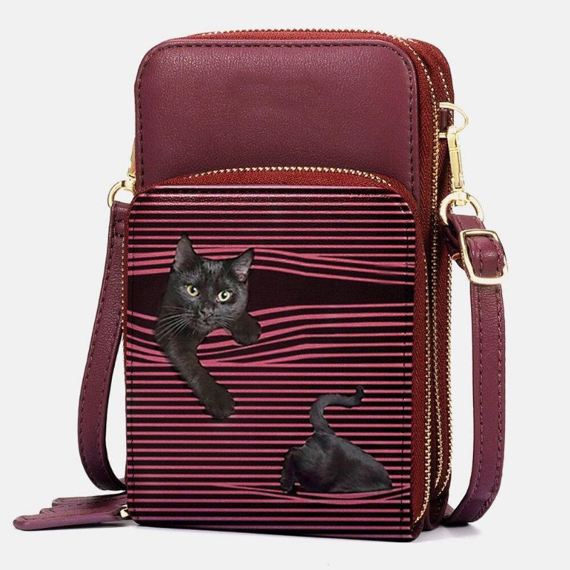 Dame Imitert Skinn Uformell Søt Svart Katt Og Stripemønster Justerbar Skulderveske Crossbody-Veske