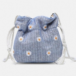 Dame Straw Daisy Solsikkemønster Print Casual String Blondeveske Strandveske Bøtteveske Crossbody Bag Håndveske