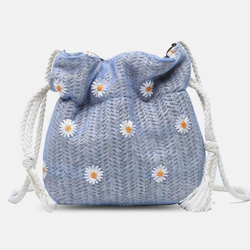 Dame Straw Daisy Solsikkemønster Print Casual String Blondeveske Strandveske Bøtteveske Crossbody Bag Håndveske