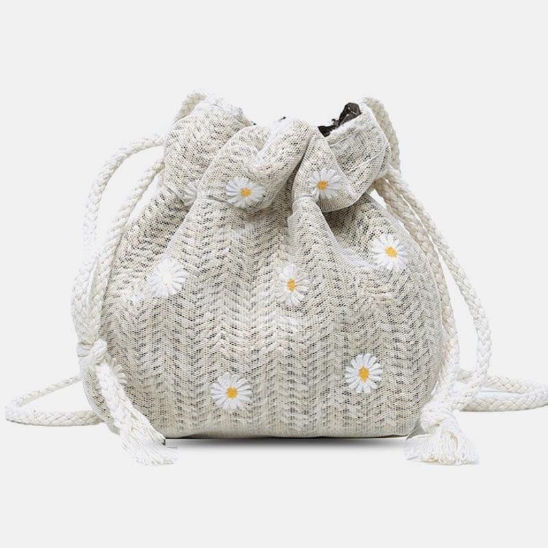 Dame Straw Daisy Solsikkemønster Print Casual String Blondeveske Strandveske Bøtteveske Crossbody Bag Håndveske