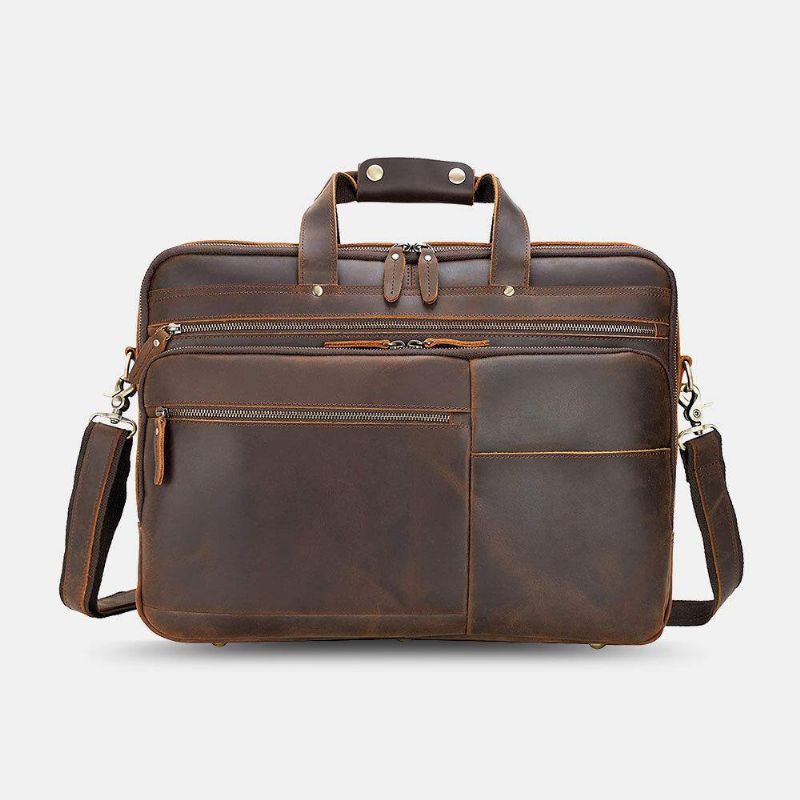 E Ekphero Menn Pu-Skinn Multifunksjon Stor Kapasitet Vintage 14 Tommers Bærbar Veske Flerlags Koffert Håndveske Crossbody Bag