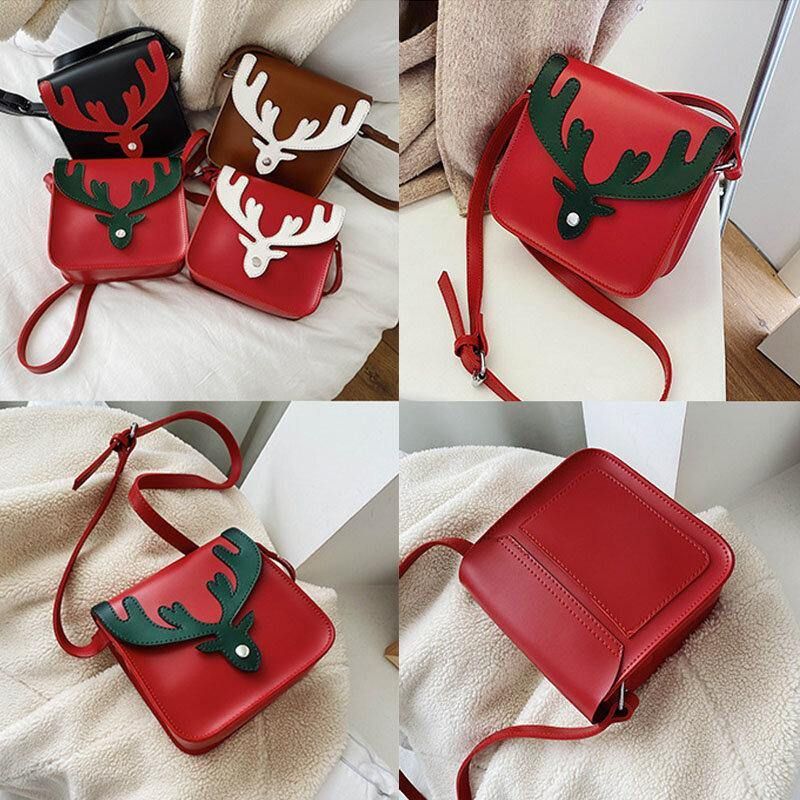 Kvinner Faux Leather Contrast Color Christmas Elg Mønster Liten Firkantet Bag Crossbody Bag Skulderveske