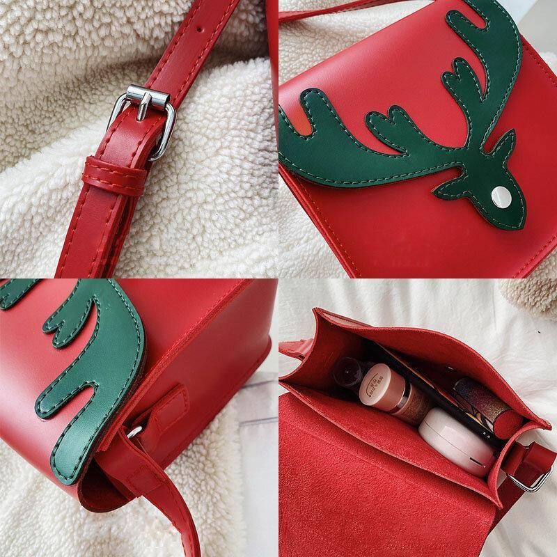 Kvinner Faux Leather Contrast Color Christmas Elg Mønster Liten Firkantet Bag Crossbody Bag Skulderveske