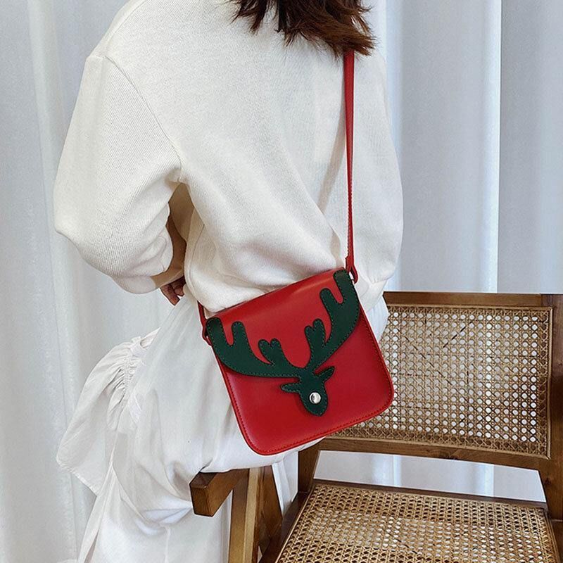 Kvinner Faux Leather Contrast Color Christmas Elg Mønster Liten Firkantet Bag Crossbody Bag Skulderveske